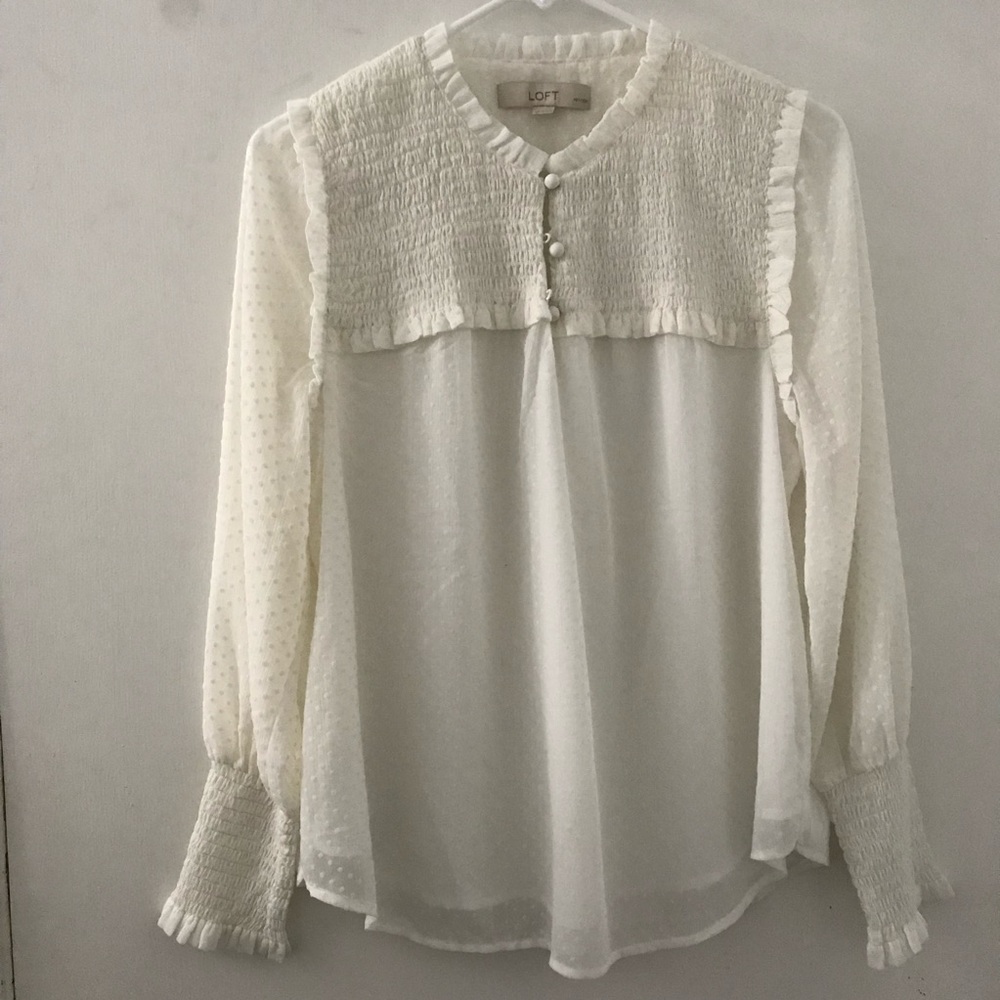 LOFT Swiss Dot Longsleeve Smocked Blouse